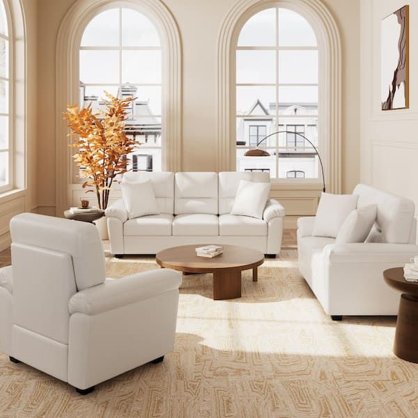 3-Pieces Garrin Modern Couch Cream White Faux Leather Living Room Set Chair Loveseat and Sofa with Pillows