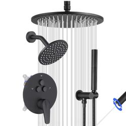 Shower Faucet 10 inch Ceiling Mount and 6 inch wall Shower System Matte Black, Push Button Diverter