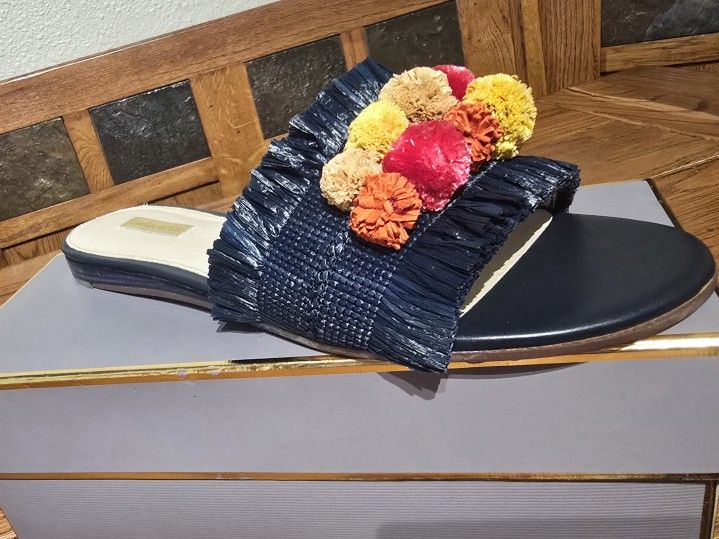 Louise et Cie Navy Blue Arthya Raffia Pom Pom Flat Slides Sandals