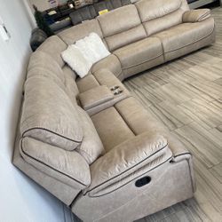 Summer sale event. Alejandra beige reclining sectional now $1599. Easy finance option. Same-day delivery