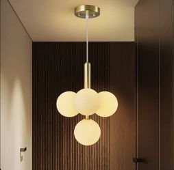 Mid-Century Modern 4-Light Globe Chandelier with Milky White Glass - brand new