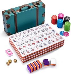 NEW Mahjong Set 4-Layer Acrylic USA Tiles, Complete Kit 100 Chips 3 Gold Dice & Leather Case