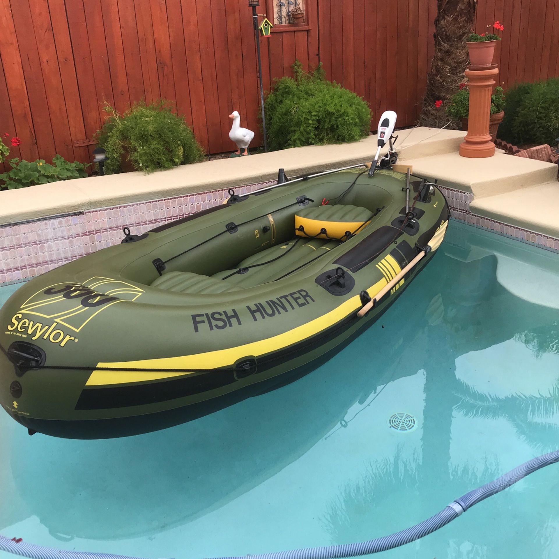 Photo 12 Ft Sevylor Inflatable Boat Mincota 30 Lb Thrust Electric Motor Also Has Floor Board Not Shown $ 550.00