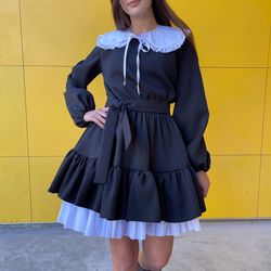 Black Long Sleeve Midi Dress with detachable collar and petticoat