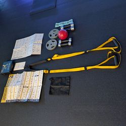 Strength Training Bundle: Norditrak Dumbbell set (8lbs,5lbs), 10lb weight plates (2), 6lb medicine ball, suspension trainer, resistance band