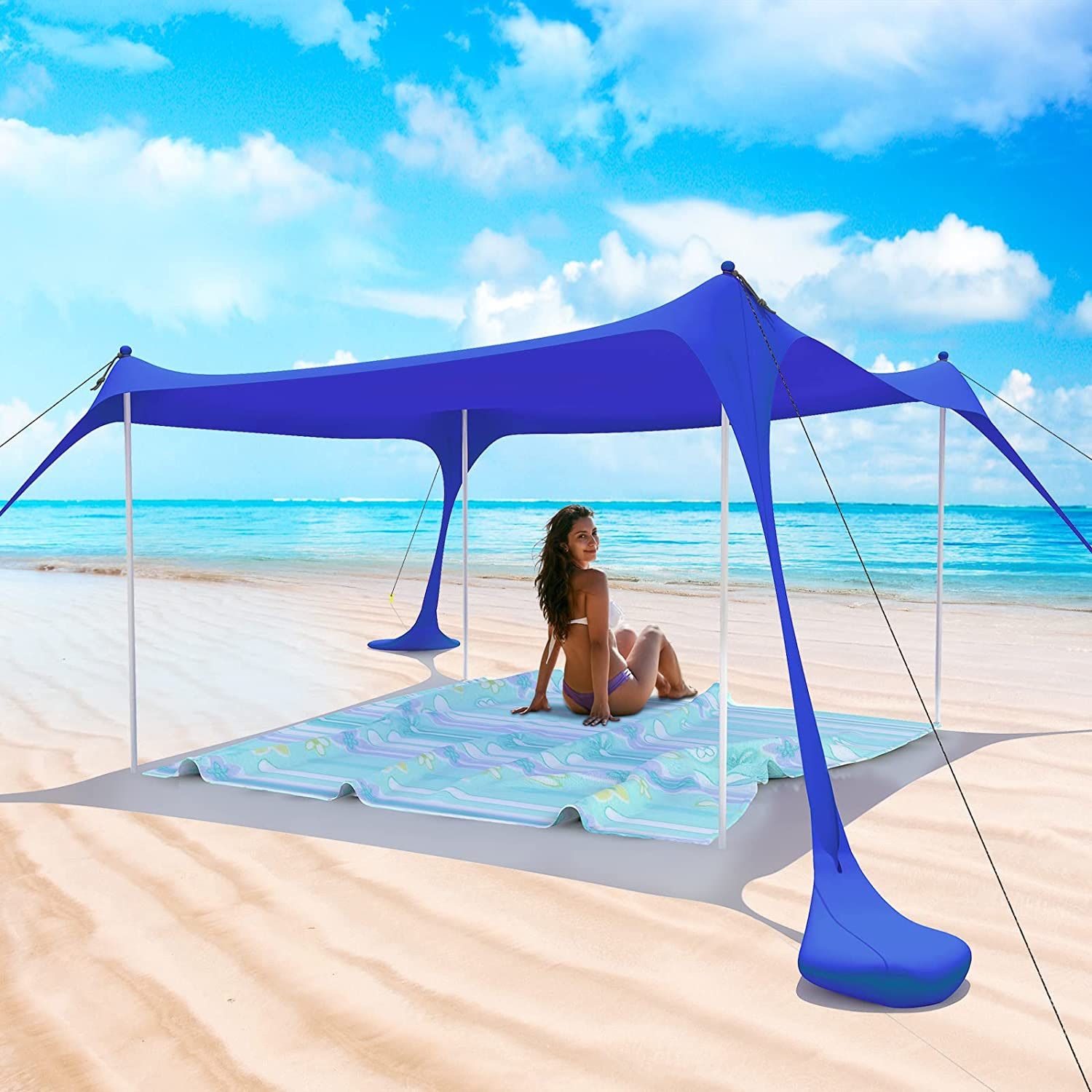 Beach Tent Pop Up Shade Canopy Sun Shelter UPF50+ with 2 Stability Poles/Carry Bag/Ground Pegs/Sand Shovel/Windproof Ropes Portable Outdoor Family Sun