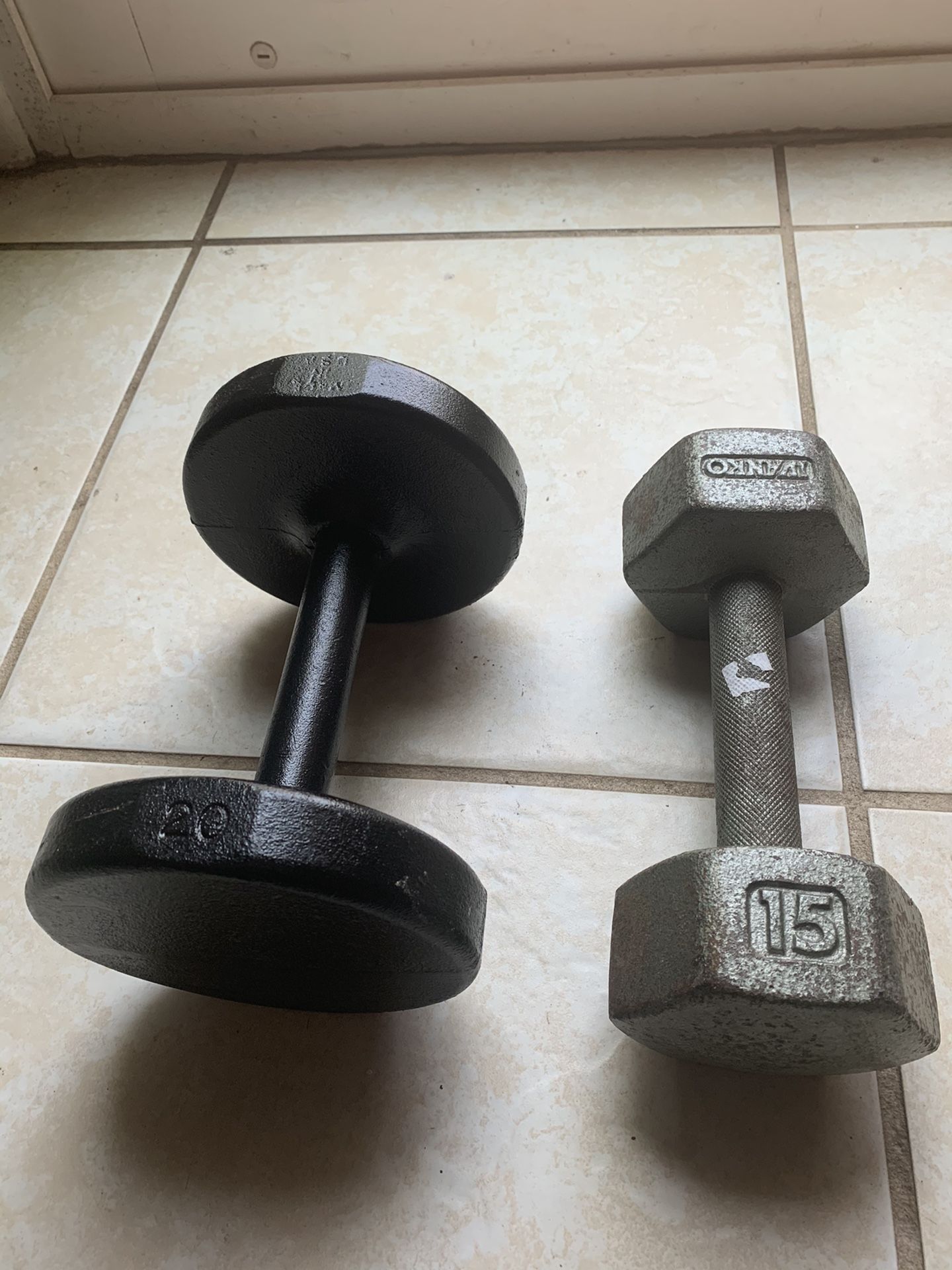 2 Dumbbells for Sale. (15 Lbs is for $20). (20 Lbs is for $30)