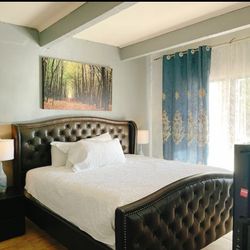 Faux Leather Queen Size Platform Bed Frame