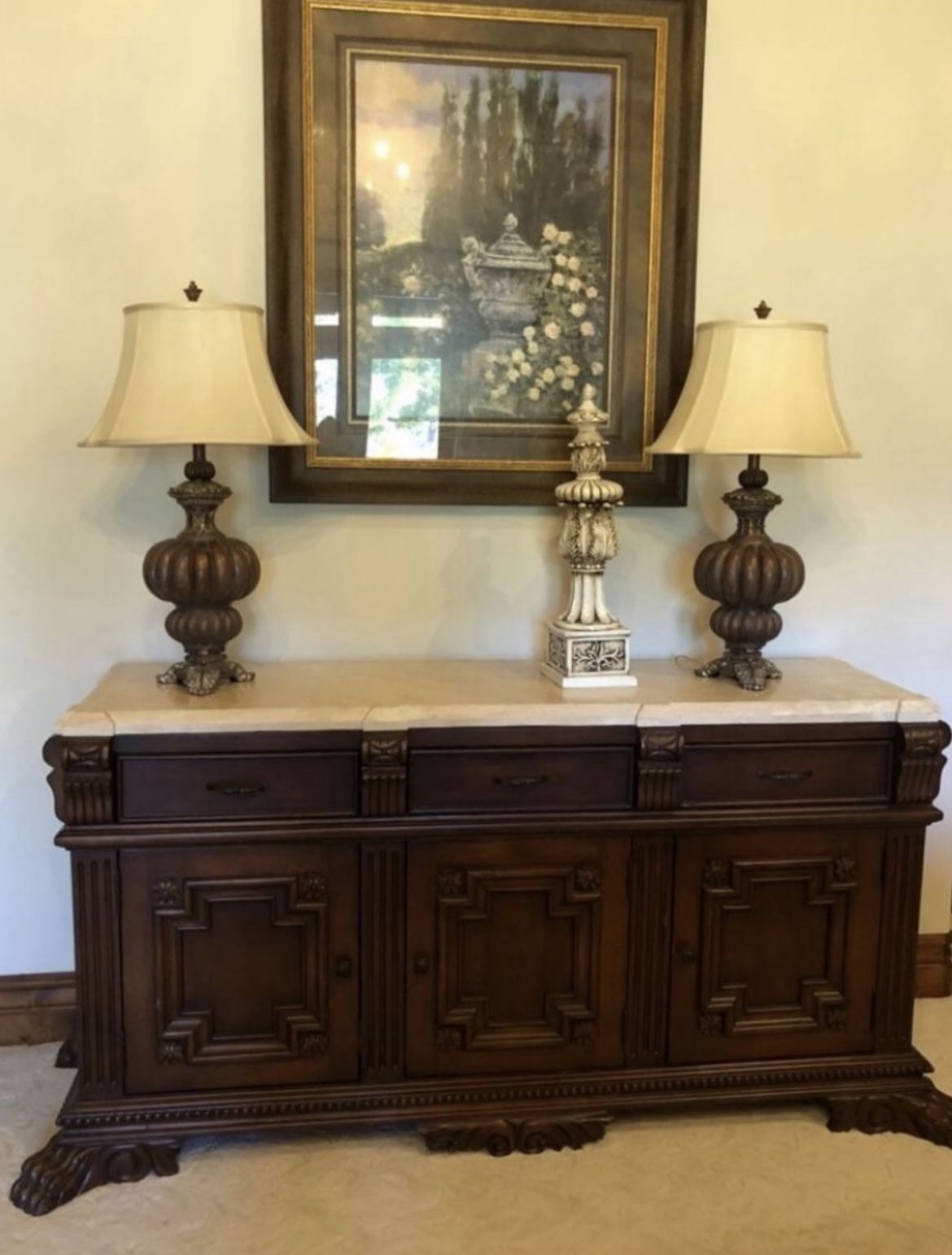 Solid wood Buffet /credenza with stone top used in home staging 72 x 19x 38 this is a stunning solid wood piece of furniture. Custom made beauty