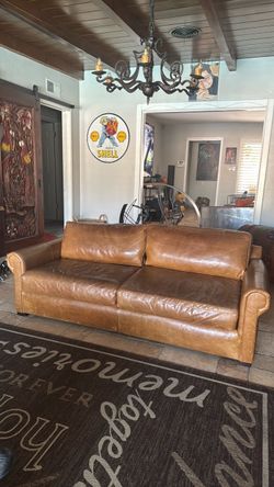 Brown Leather Two-Cushion Sofa Restoration hardware