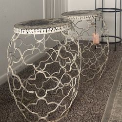  2 Great Shabby Chic White Washed Iron End Tables 