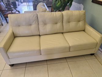 Cream Leather Tufted 3-Seat Sofa