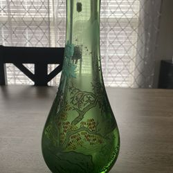 Vintage Chinese Green Peking Glass Bottle flower Vase Landscape Fishing On Boat