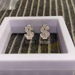 Dollar Sign Iced Out Moissanite Silver Earrings S925 Brand New