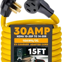 Tellegloww 15 ft NEMA 10-30P to 14-50R EV Charger Cord 3 Prong Old Dryer Outlet - NEW