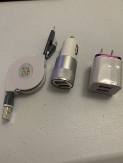 Dual car charger + dual wall charger + 2in1 Apple and Android devices charging cable