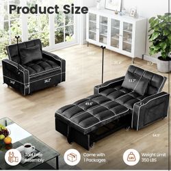 Convertible Sleeper Chair, Pull Out Chair Sleeper with Bracket and Cup Holder, Black 