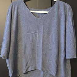 Womens Knit Sweater Top L XL Blue Shimmer Short Sleeve Lightweight