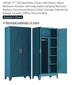 COFaR 71" Tall Metal Wardrobe Closet – Peacock Blue