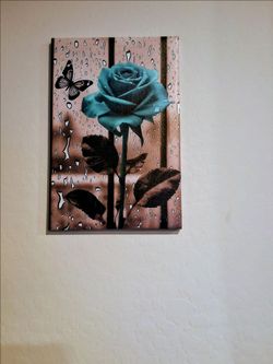 Set of Teal Rose and Butterfly Canvas Wall Art