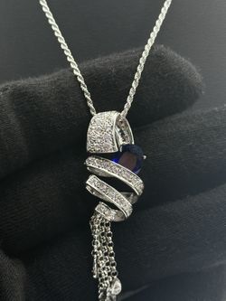 18K White Gold 1.25ctw Diamond & Sapphire Ribbon Tassel Necklace 16" 12.9g