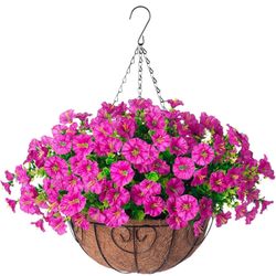 ydale Artificial Silk Hanging Plants Flowers Basket for Outdoor Outside Summer Decoration, Fake Faux UV Sun Resistant Look Real Morning Glory Fuchsia 