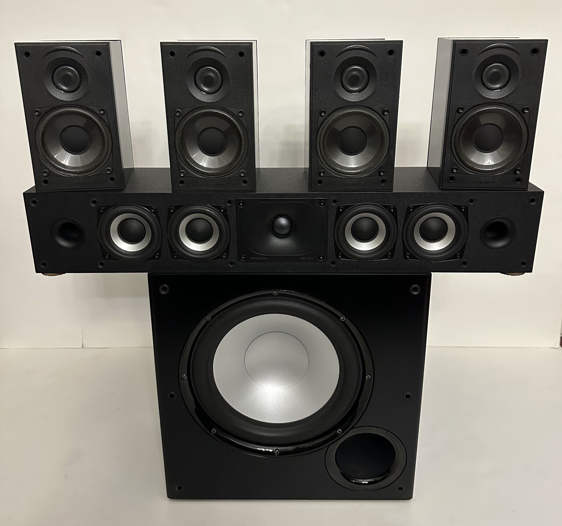 (4) Energy Speakers + (1) Polk Audio Center Speaker + Polk Audio 10” Subwoofer Home Theater System