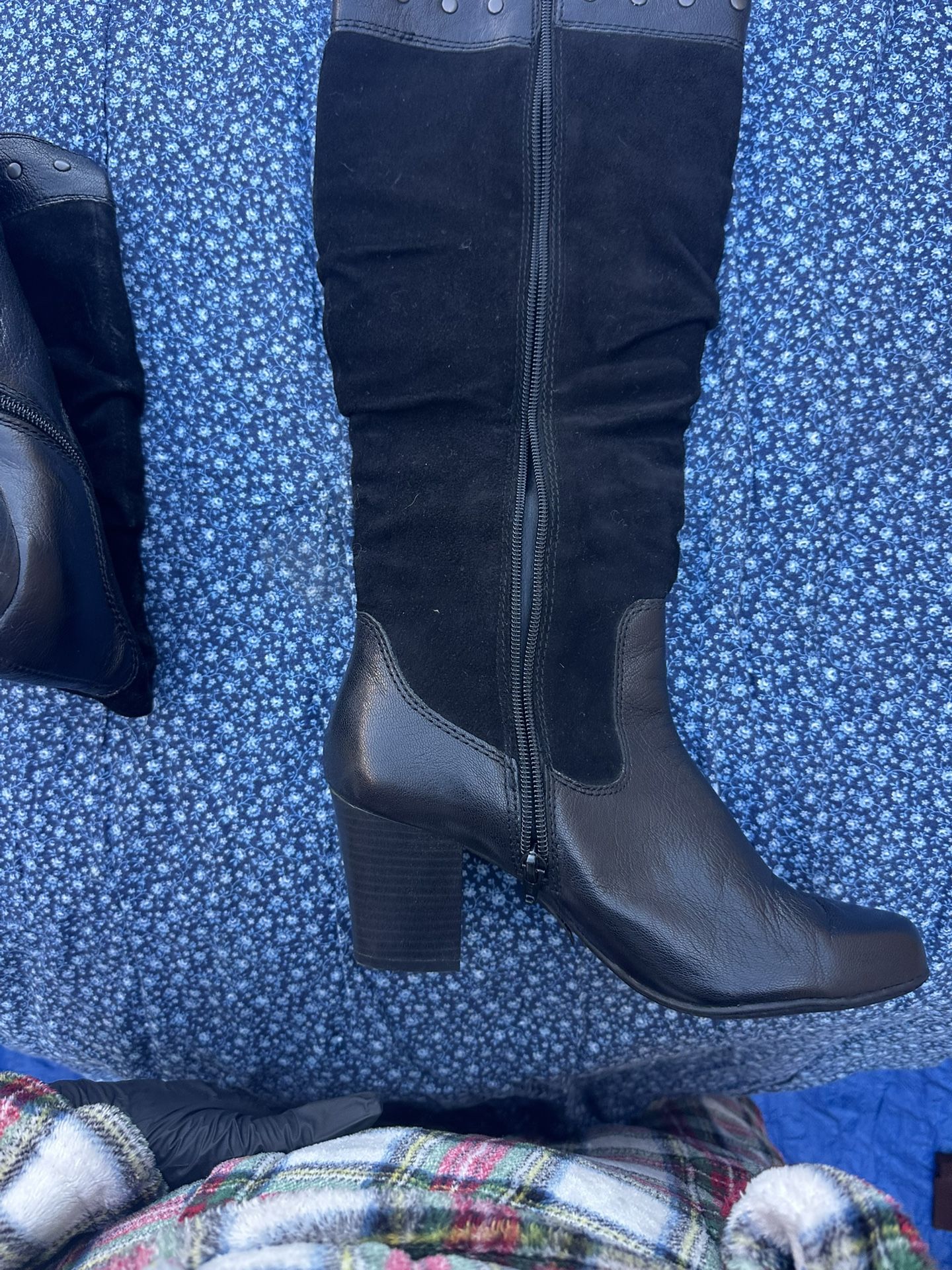 Tall Black Boot Square Heel Leather 7.5