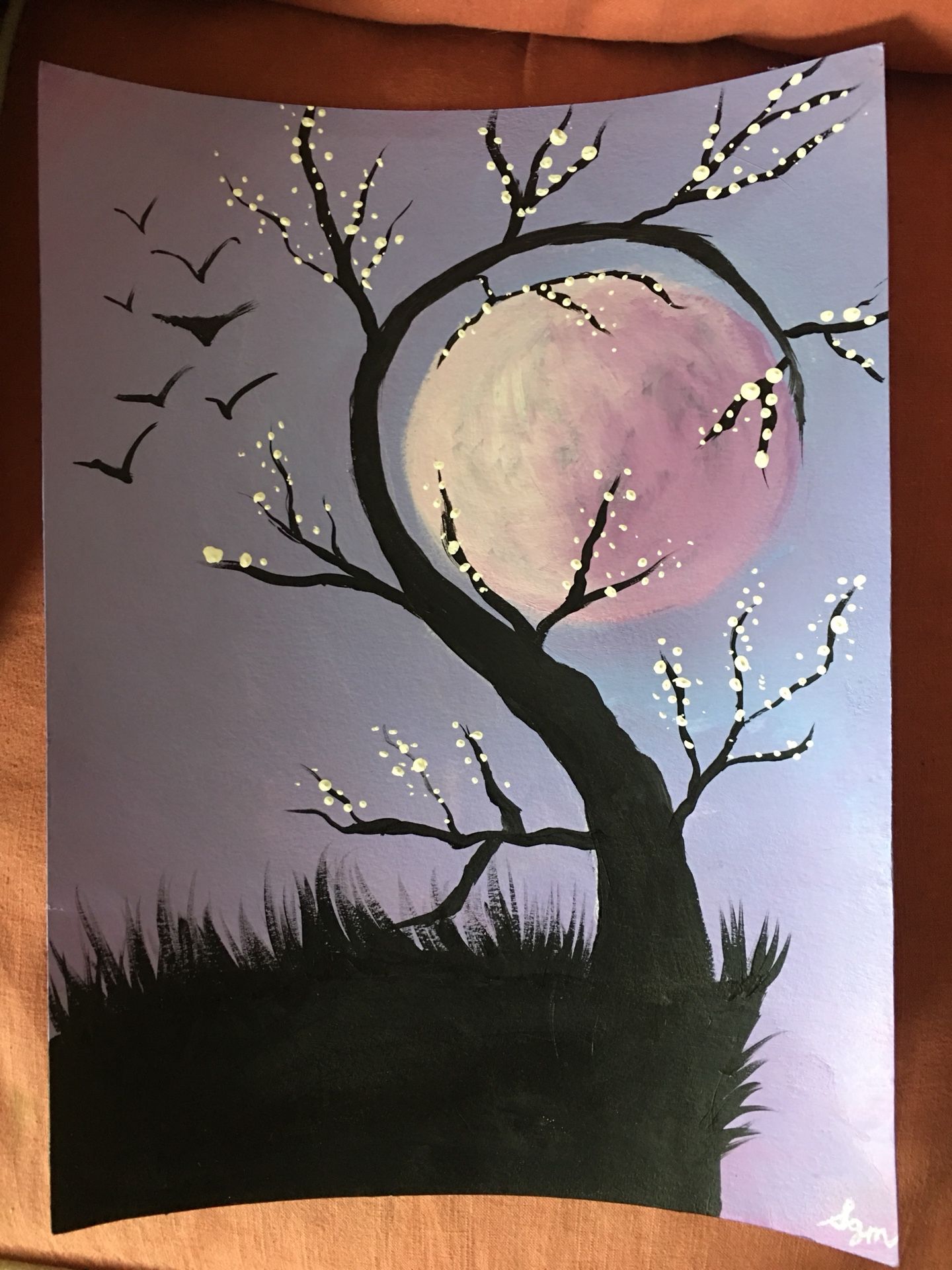 Original spooky tree moonlit silouhette painting
