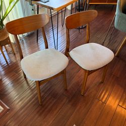 2 West Elm Classic Café Dining Chairs - wood and grey fabric