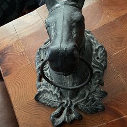 Antique Vintage Black Cast Iron Horse Head Wall Mount Hitching Post Barn Decor 