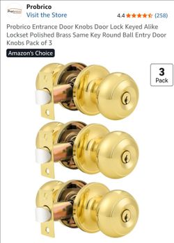 Probrico Polished Brass Entry Door Knobs 3-Pack