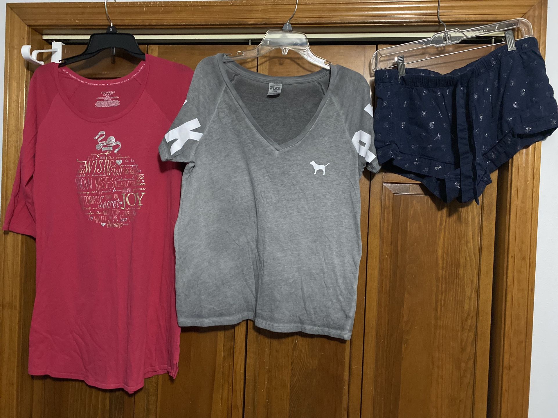 Women’s Victoria’s secret’s pink size medium nightshirt, gray tee, navy pj shorts