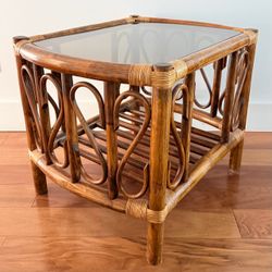 Mid-Century Rattan and Smoked Glass Side Table