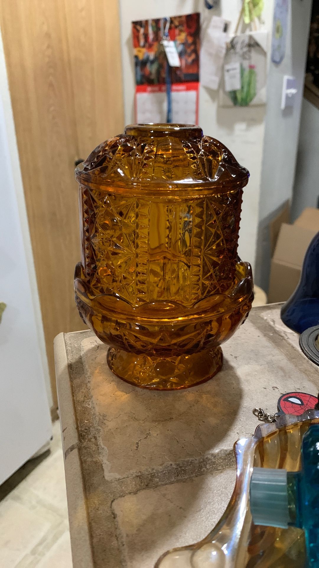 Vintage Indiana Glass Fairy Light Diamond Amber Stars and Bars