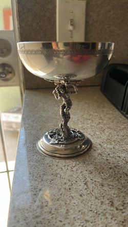 Vintage Spanish champagne glass. Silver with sculpture of Bacchus, Roman god of wine. Unique piece to decorate or exhibit at home. Gift idea for Mothe