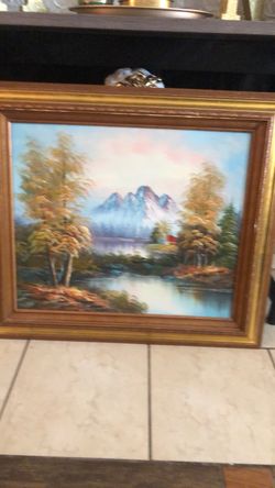 Framed Mountain Landscape Oil Painting