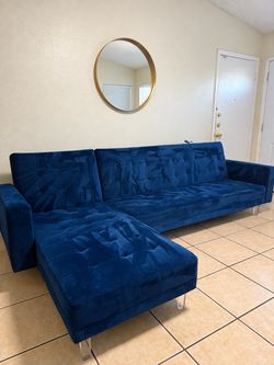 Modern Blue Velvet Sectional Sofa w/ Chaise – Clean