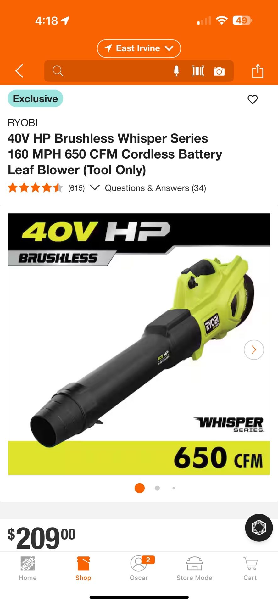 Ryobi 40V HP Brushless 600 CFM 155 MPH Cordless Leaf Blower (TOOL ONLY)
