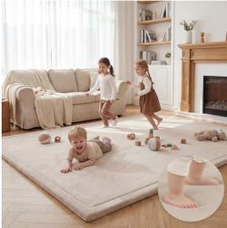 Baby Play Mat for Floor,1.3" Thick Elasti Foam Tummy Time Mat,79"×158“ Extra Large Soft Coral Velvet Nursery Rug,Non Slip Safe for Crawling,Toddlers,I