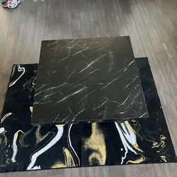 Coffee Table with Gold Geometric Frame + Gold/Black Marble Rug + Paintings