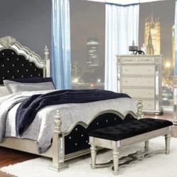 Heidi Metallic Platinum Upholstered Poster Bedroom Set,
5-PIECE (BED, DRESSER, MIRROR, NIGHTSTAND AND CHEST)