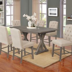 Rustic Dining Set - Counter Height Dining Table With 6 Beige Tufted Chairs