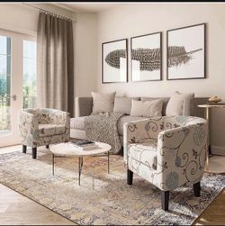 Living Room Chairs Set of 2, Linen Round Accent Barrel Chairs, Club Tub Sofa Chairs for Bedroom, Corner Chairs with Flared Legs and Cozy Soft Padding