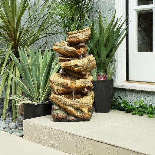 Alpine Corporation TZL226 24" Outdoor 4-Tier Log Fountain with LED Lights, Cascading Tree Trunk Feature for Garden, Patio, Backyard & Landscape Décor,