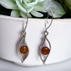 Sterling Silver 925 Cognac Amber and Silver Leaf Pattern Dangle Earrings