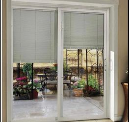 2 New Jeld-Wen 72in x 80in White vinyl w/internal blinds sliding glass doors LH SAVE $2,000