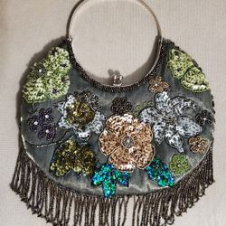 One of a Kind * Beaded and Sequin * Handbag * Green/Blue w/ Fringe