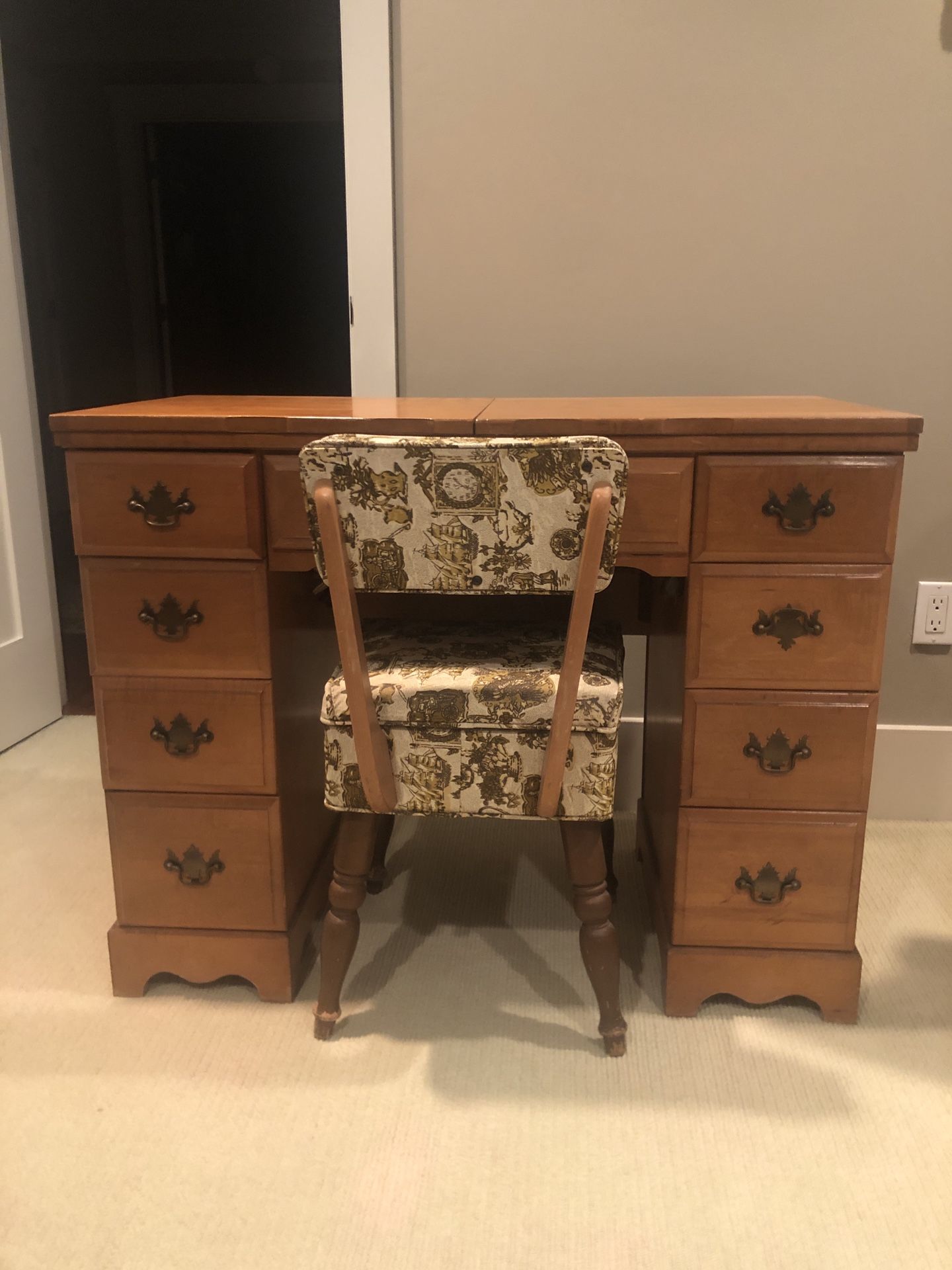 Sewing Cabinet Desk With Chair & Necchi
