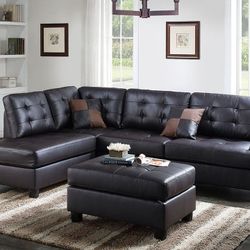 Brand New Espresso Leather 3pc Sectional Sofa With Ottoman 